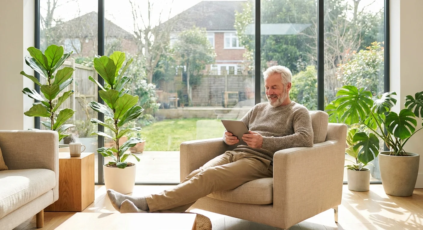 A retired man calmly using a tablet in a bright, modern living room.