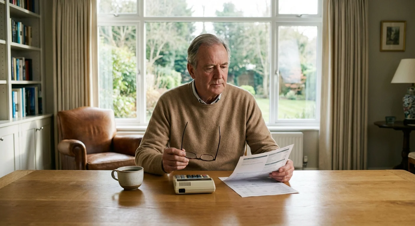 A retired man carefully reviewing financial paperwork and documents at a sunlit wooden dining table.