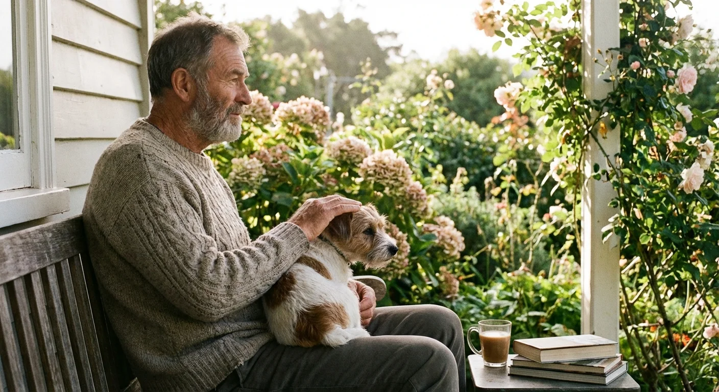 A retired man peacefully petting his small dog on a sunlit garden porch.