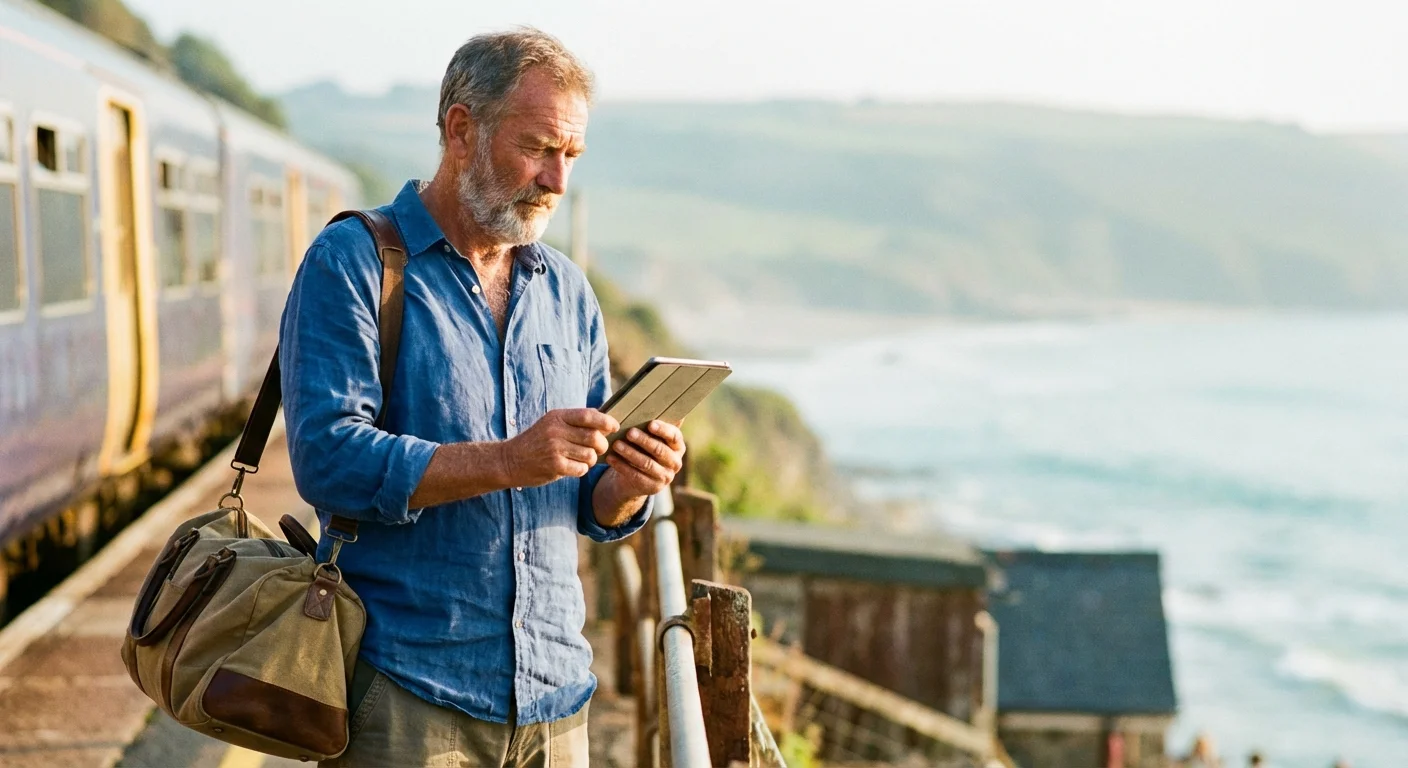 A retired man planning his route at a beautiful coastal train station during a solo trip.
