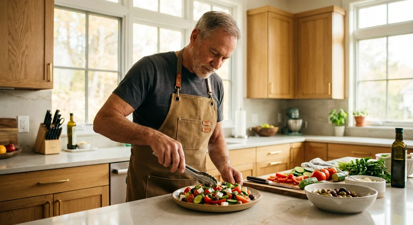 A retired man preparing a healthy gourmet meal in a bright kitchen.