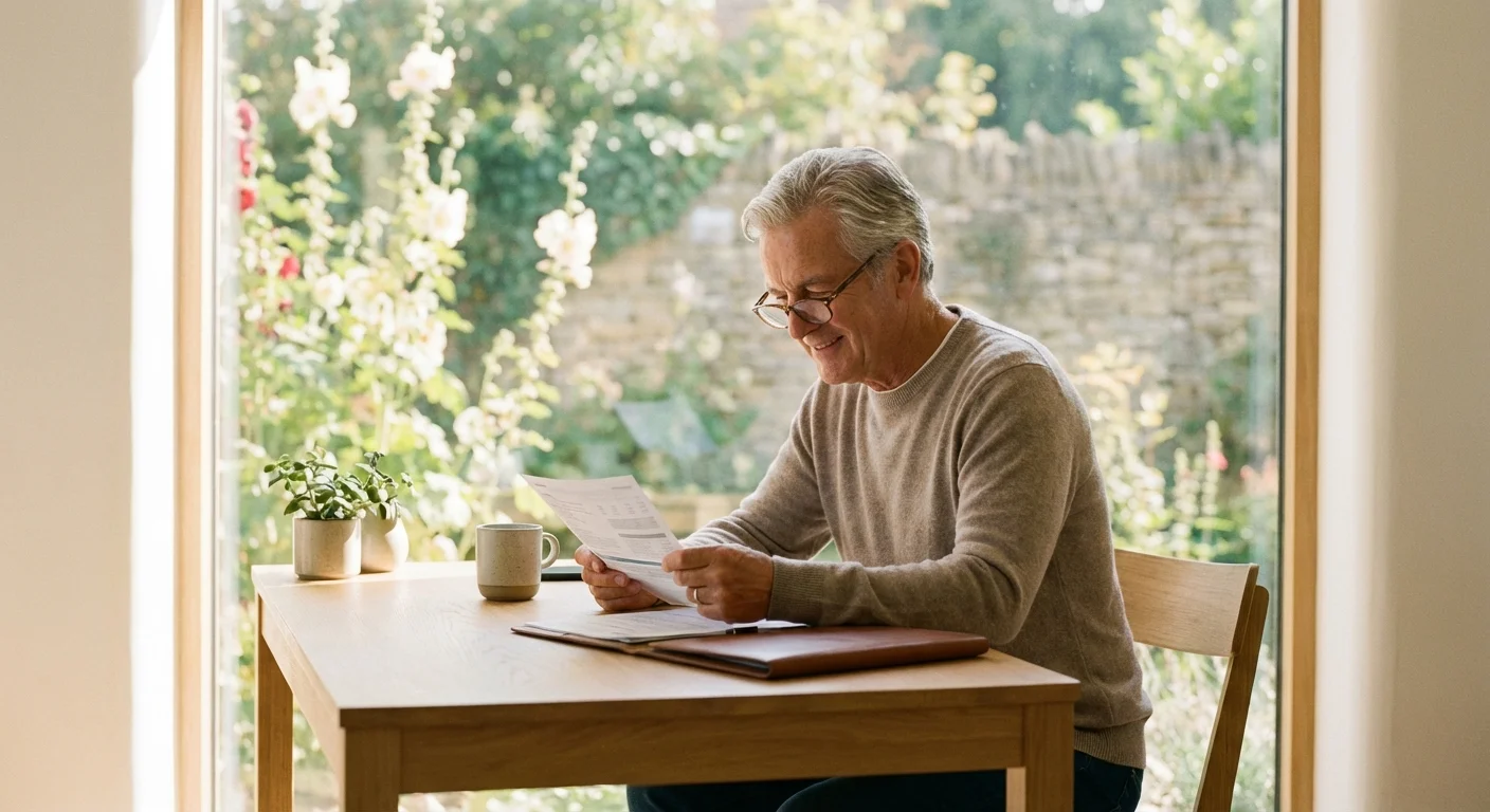 A retired man reviews tax documents at a sunlit desk, symbolizing proactive financial planning.