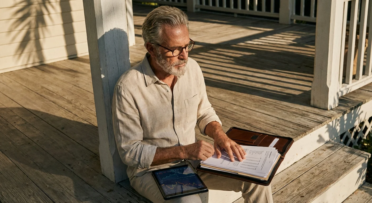 A retired man sits on a sunny porch, carefully reviewing financial documents and planning his relocation from Florida.