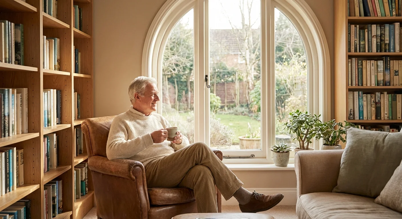 A retired man sitting in a light-filled room, looking relaxed and thoughtful, embodying a stress-free lifestyle.