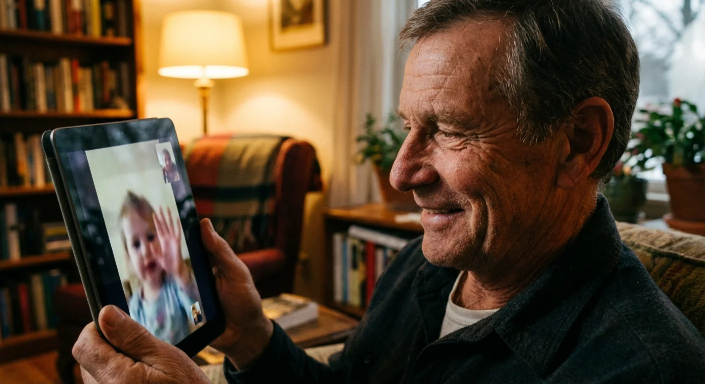A retired man smiles while video chatting with his grandchild on a digital tablet.