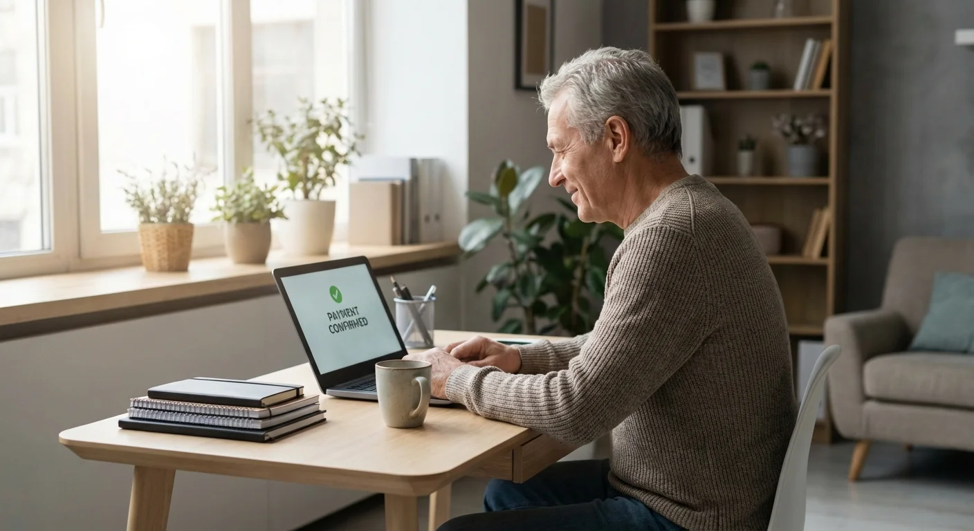 A retired man smiling at his laptop while filing taxes at home.