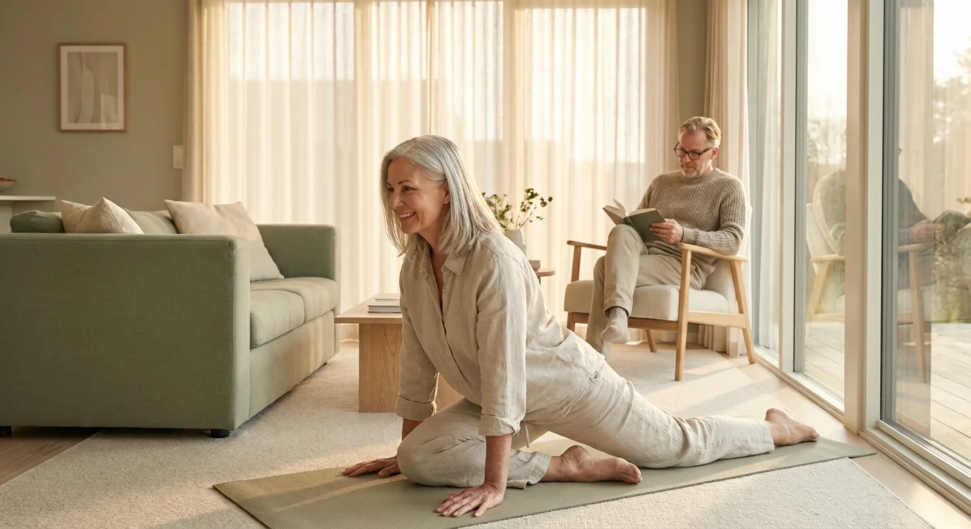 A retired woman doing yoga in a sunlit room while her partner reads, illustrating a balanced lifestyle.