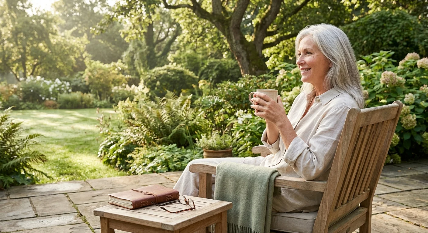 A retired woman enjoying a peaceful morning in a garden with a planner nearby.