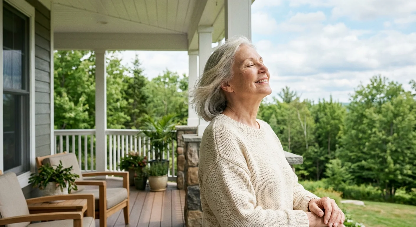 A retired woman enjoys the fresh air and pleasant climate on a beautiful outdoor porch.