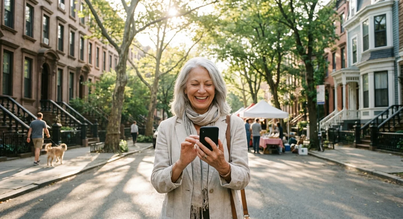 A retired woman exploring a beautiful new neighborhood with a smartphone in hand.