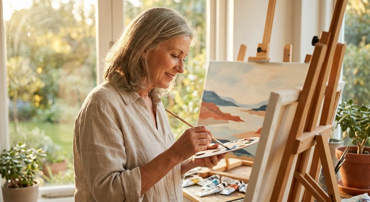 A retired woman focuses on painting in a sunlit studio, representing cognitive stimulation and memory health.