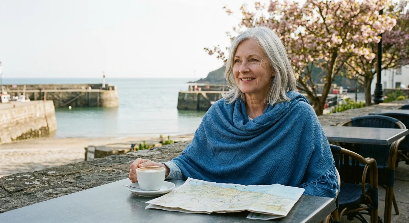 A retired woman happily planning her route at a quiet seaside cafe during the spring off-season.