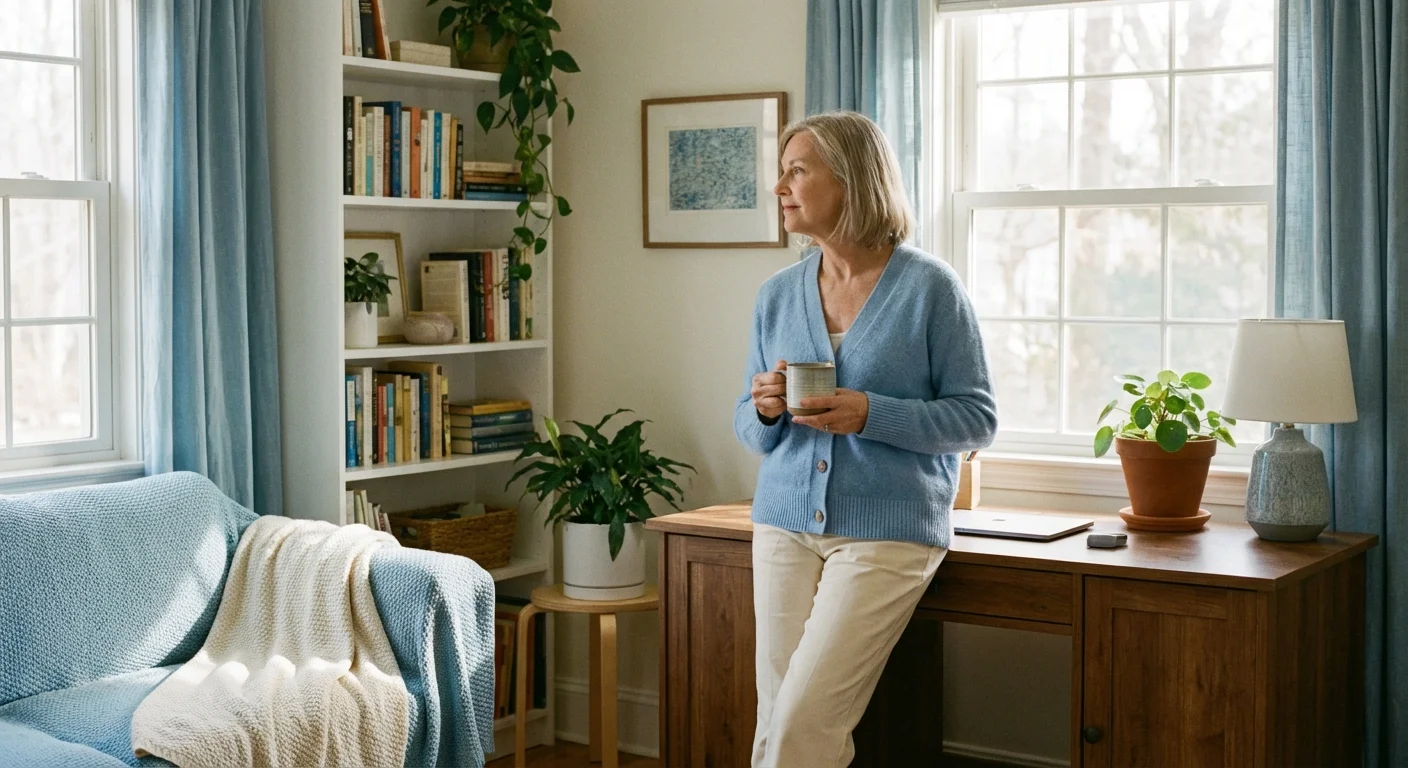 A retired woman looking peacefully out her window in a bright, comfortable home.