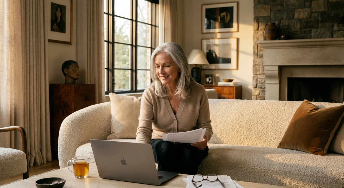 A retired woman looking relaxed and confident while reviewing her financial planning documents.