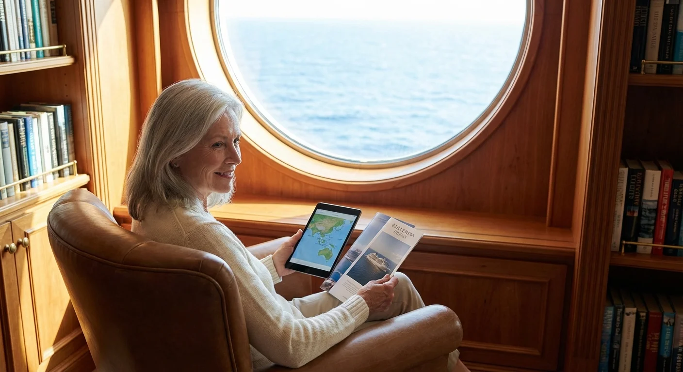 A retired woman planning her next trip with a tablet and travel brochures.