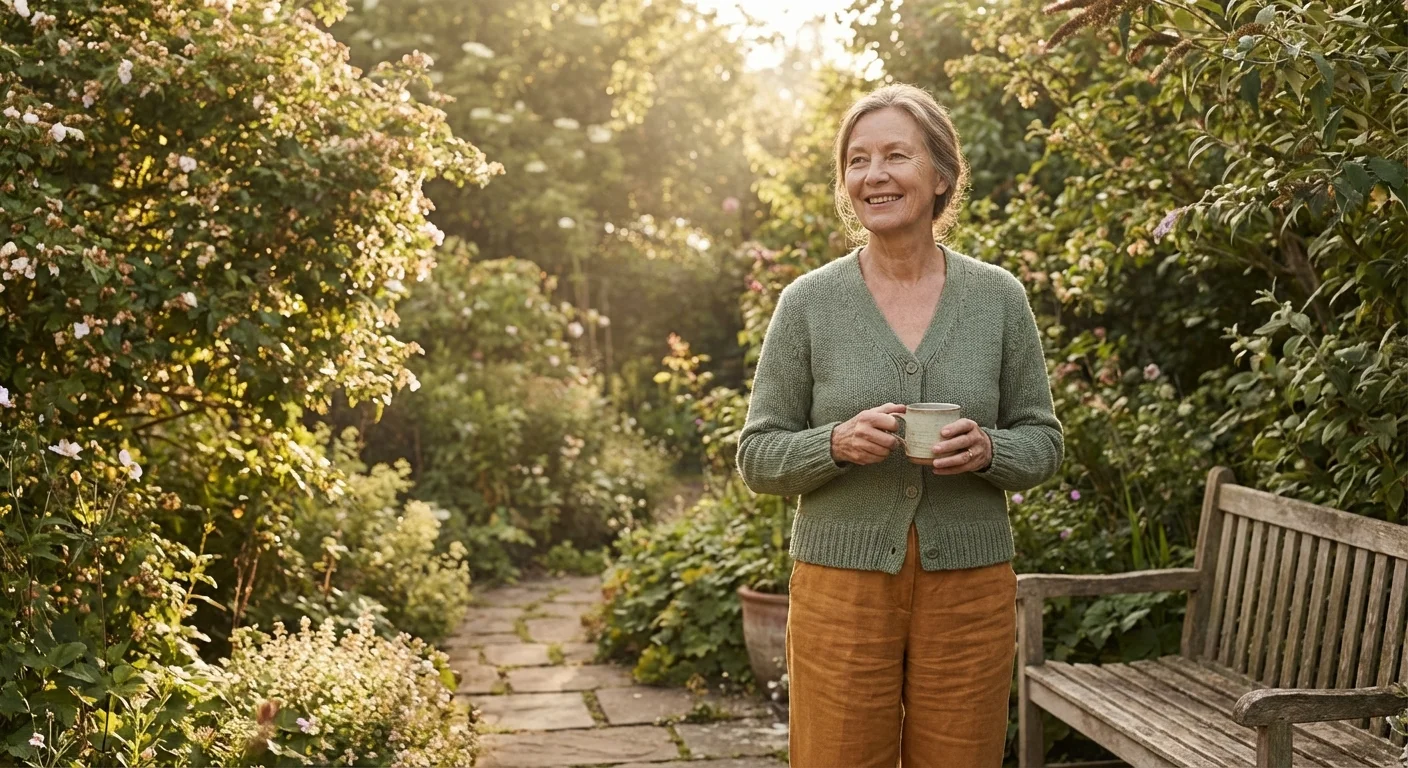 A retired woman smiling peacefully in a beautiful garden, representing a stress-free retirement.