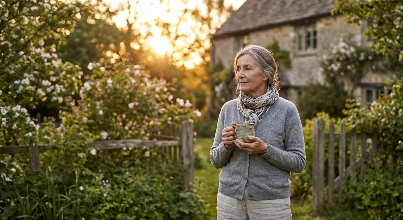 A retired woman standing in a garden, reflecting on her home and financial future.