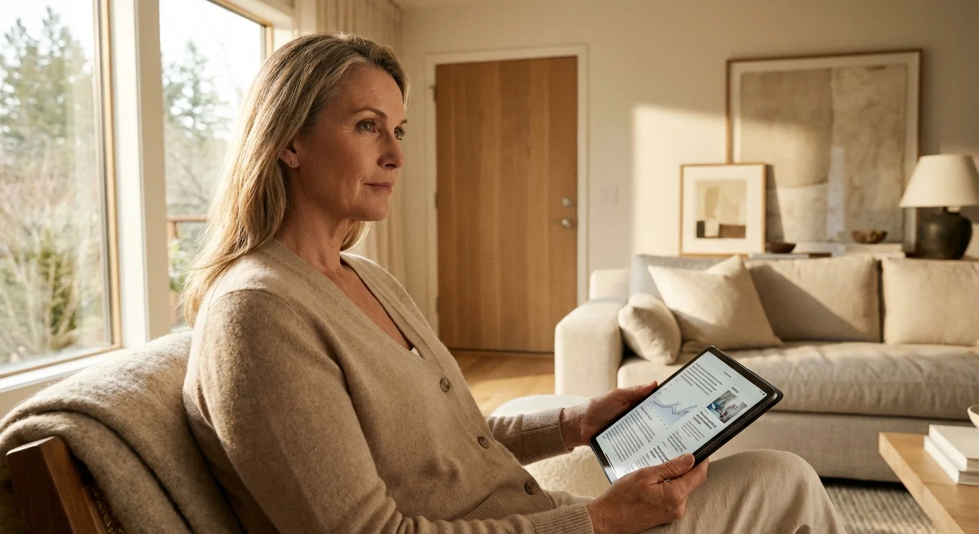 A retired woman using a tablet at home to research healthcare savings, looking empowered.