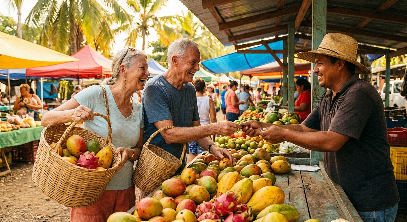 A retiree couple shopping for fresh tropical produce at a vibrant Costa Rican market.