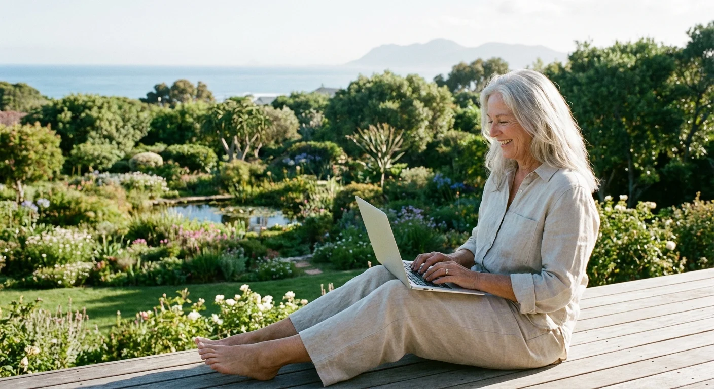 A retiree enjoying the freedom of remote work while sitting on a scenic outdoor patio.