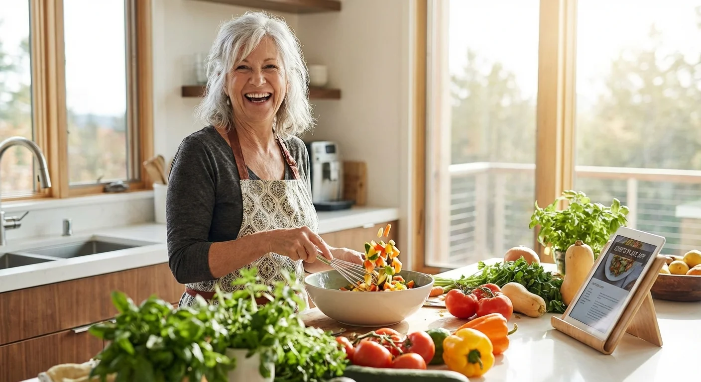 A retiree happily cooking a new recipe in a modern kitchen.