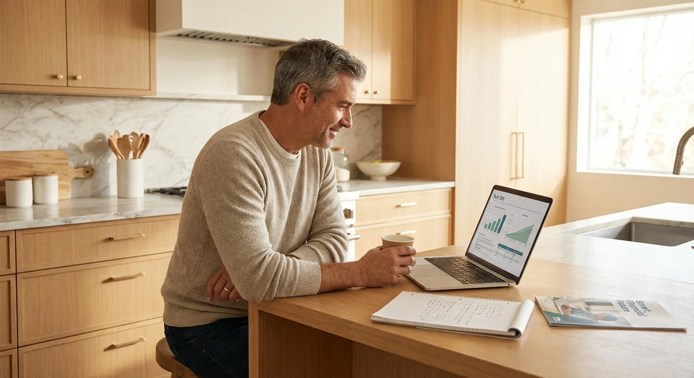 A retiree managing his investments on a laptop in a modern, bright kitchen.