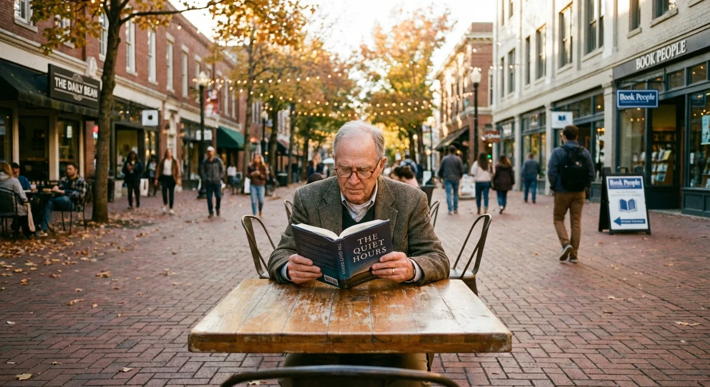 A retiree reading a book at an outdoor cafe in downtown Iowa City.