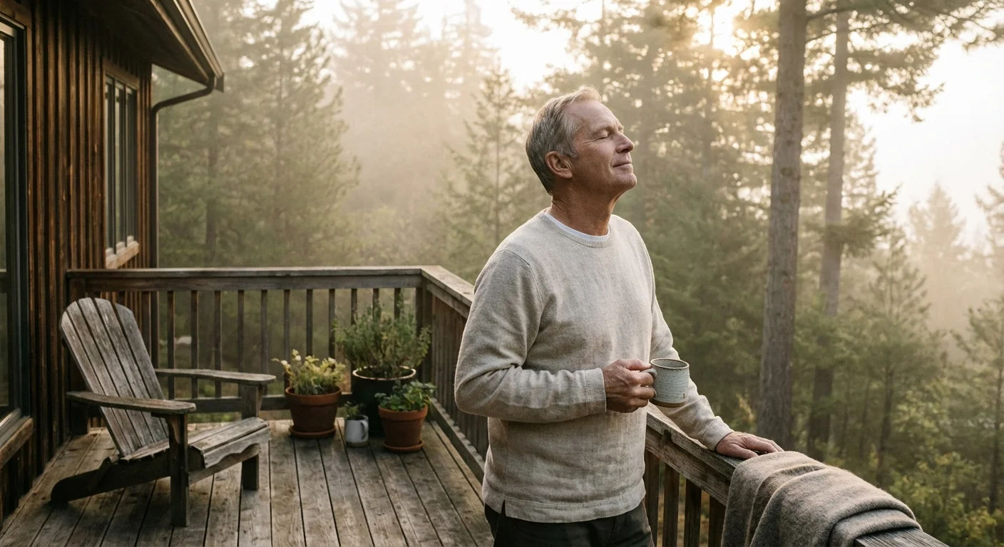 A retiree relaxes on a wooden deck with a view of a lush forest, enjoying mild, comfortable weather.