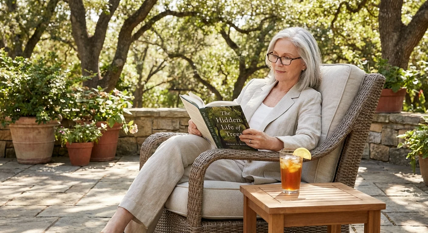 A retiree relaxing on a patio with a book and iced tea.