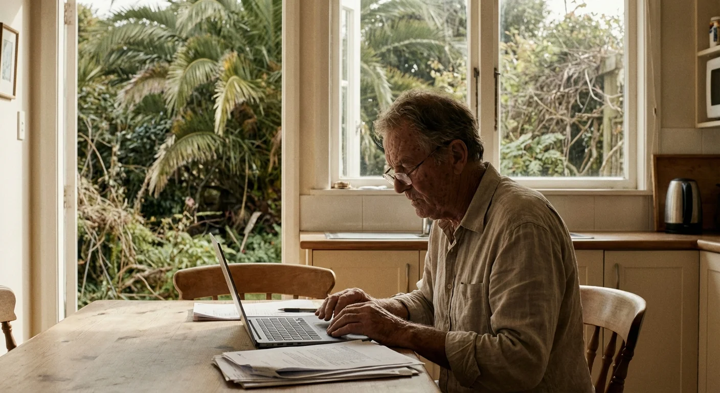A retiree researching relocation options at a sunlit table with a Florida view.