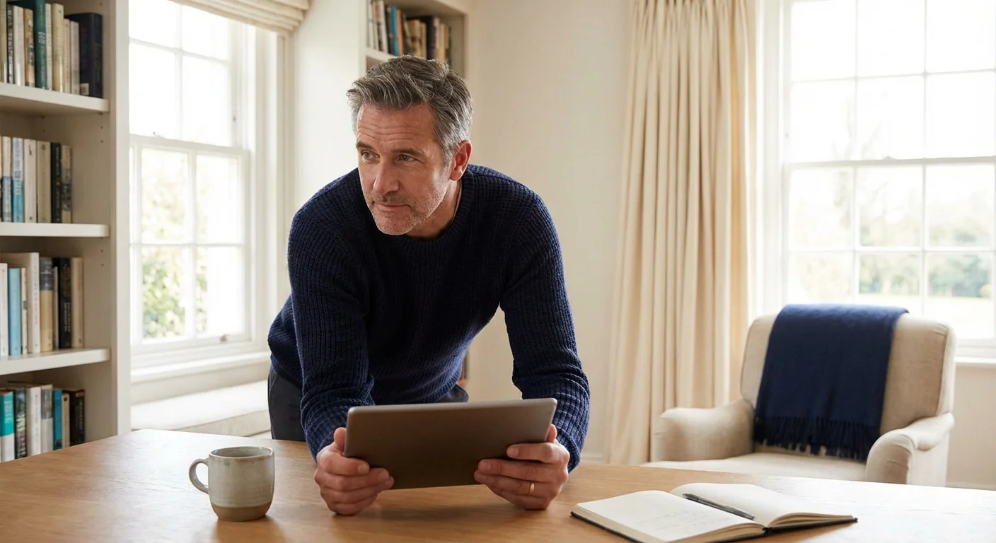 A retiree thoughtfully reviewing his financial plans on a tablet in a bright home office.