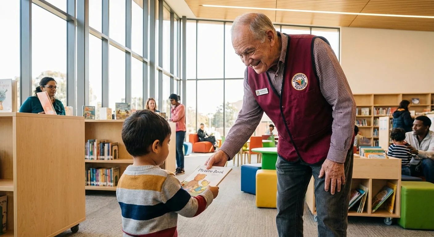 A retiree volunteering at a local library with a child.