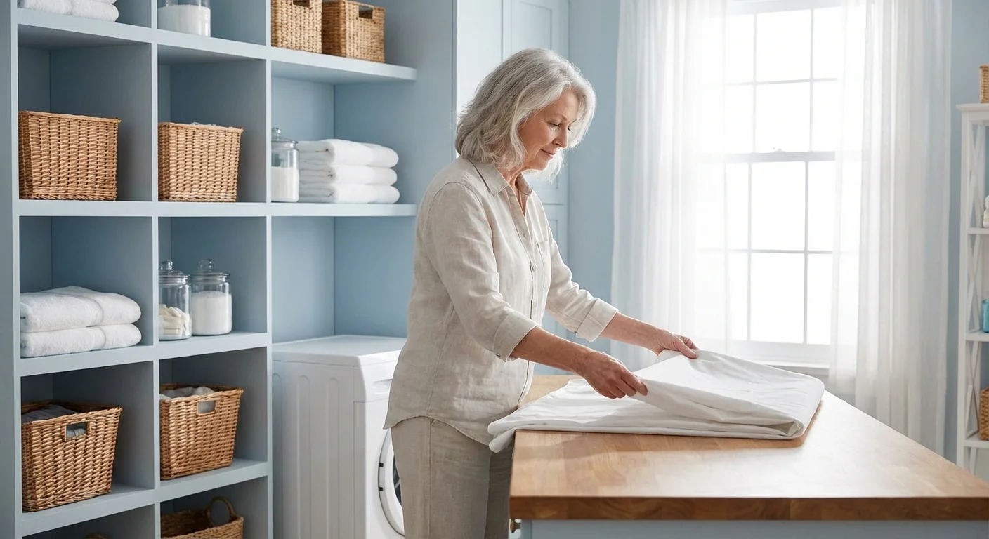 A retiree woman folding clean white laundry in a bright, organized room.