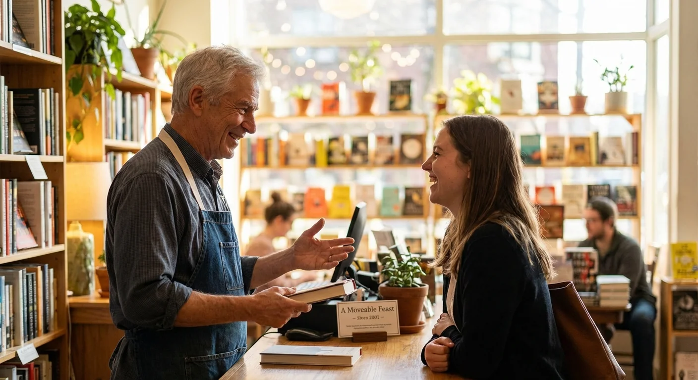 A retiree working in a bookstore, illustrating the balance of earning income while retired.