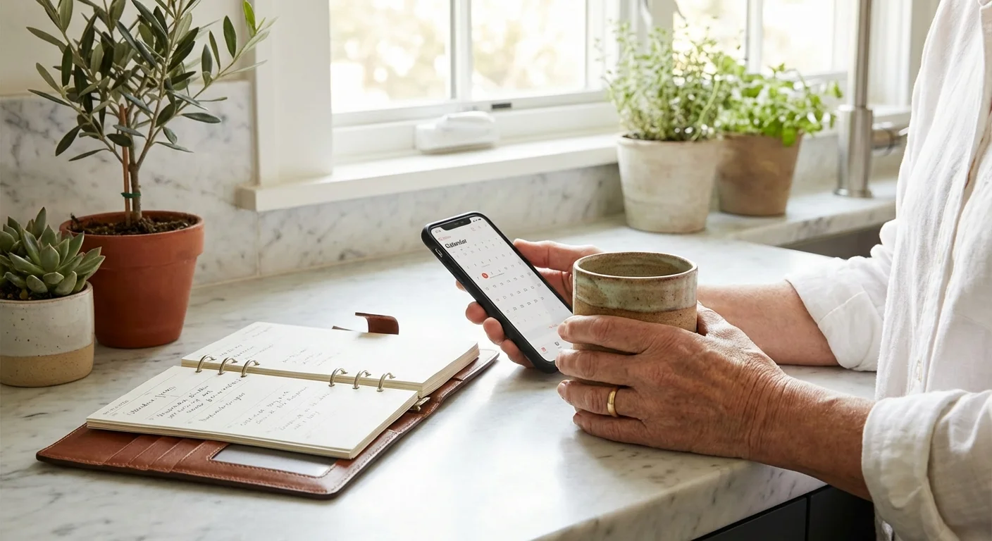 A retiree's hands holding a phone next to an organized planner in a sunlit kitchen, symbolizing financial mastery.