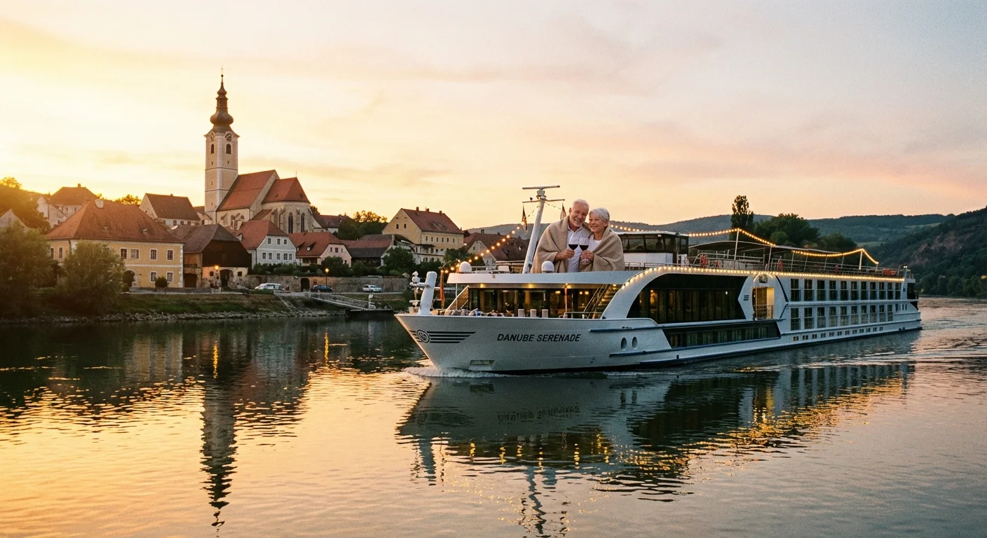 A river cruise ship passing a historic European village at sunset.