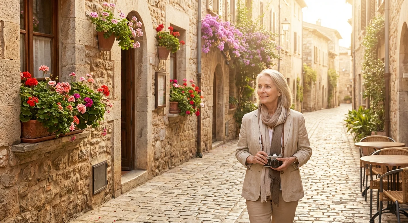 A scenic and walkable historic street with beautiful architecture and flowers.