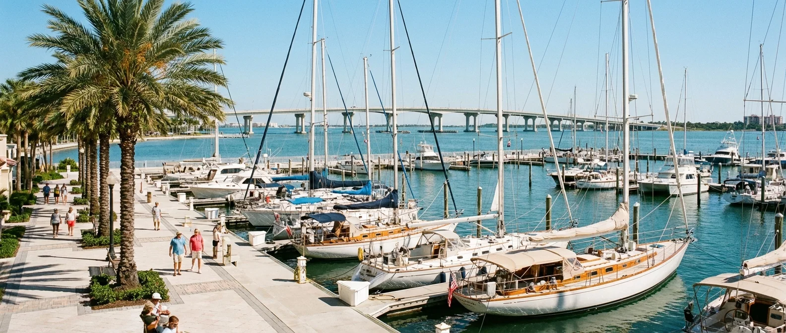 A scenic view of the Sarasota bayfront with sailboats and the Ringling Bridge.