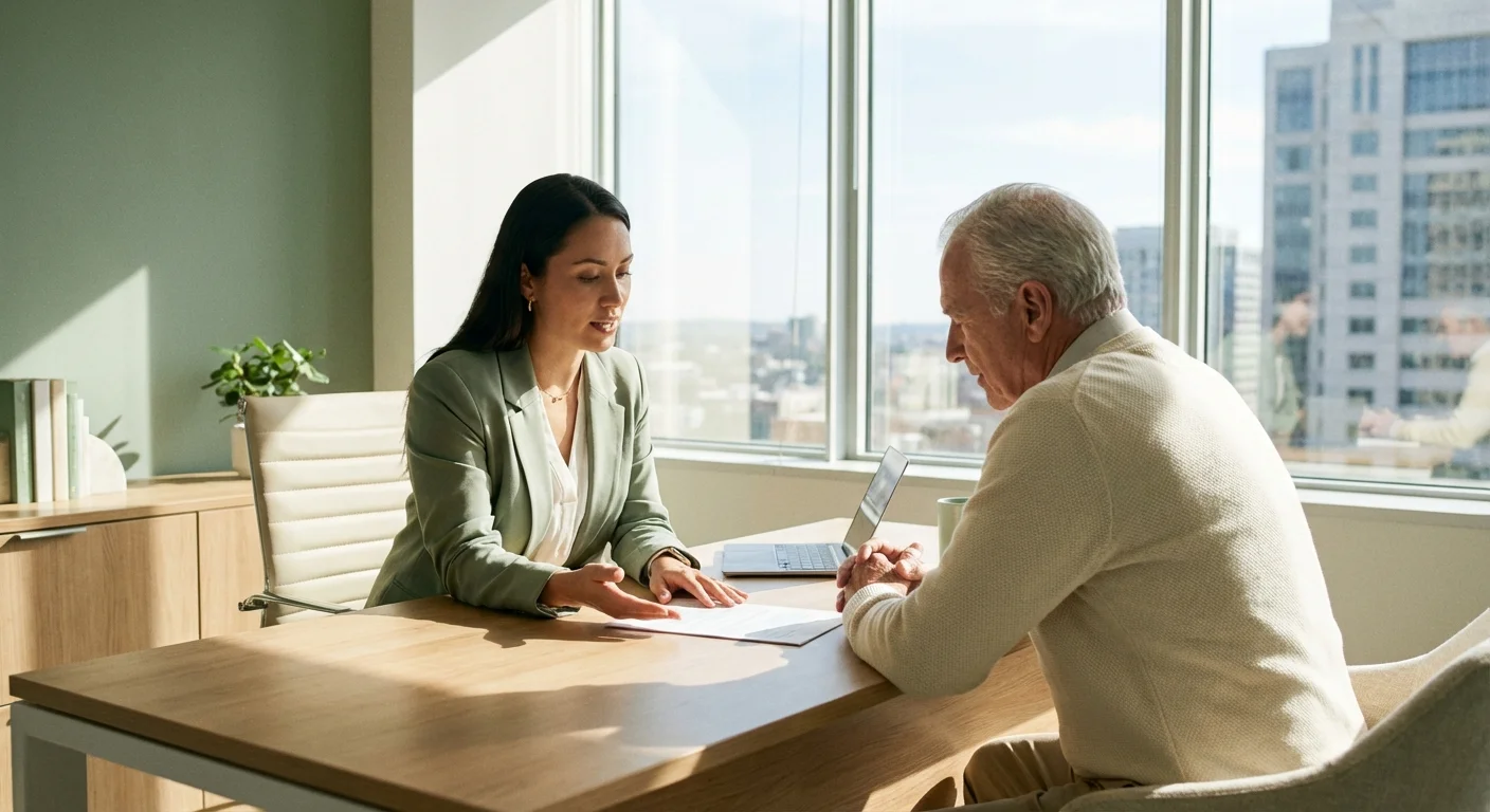 A senior client consults with a professional financial advisor in a bright, modern office.