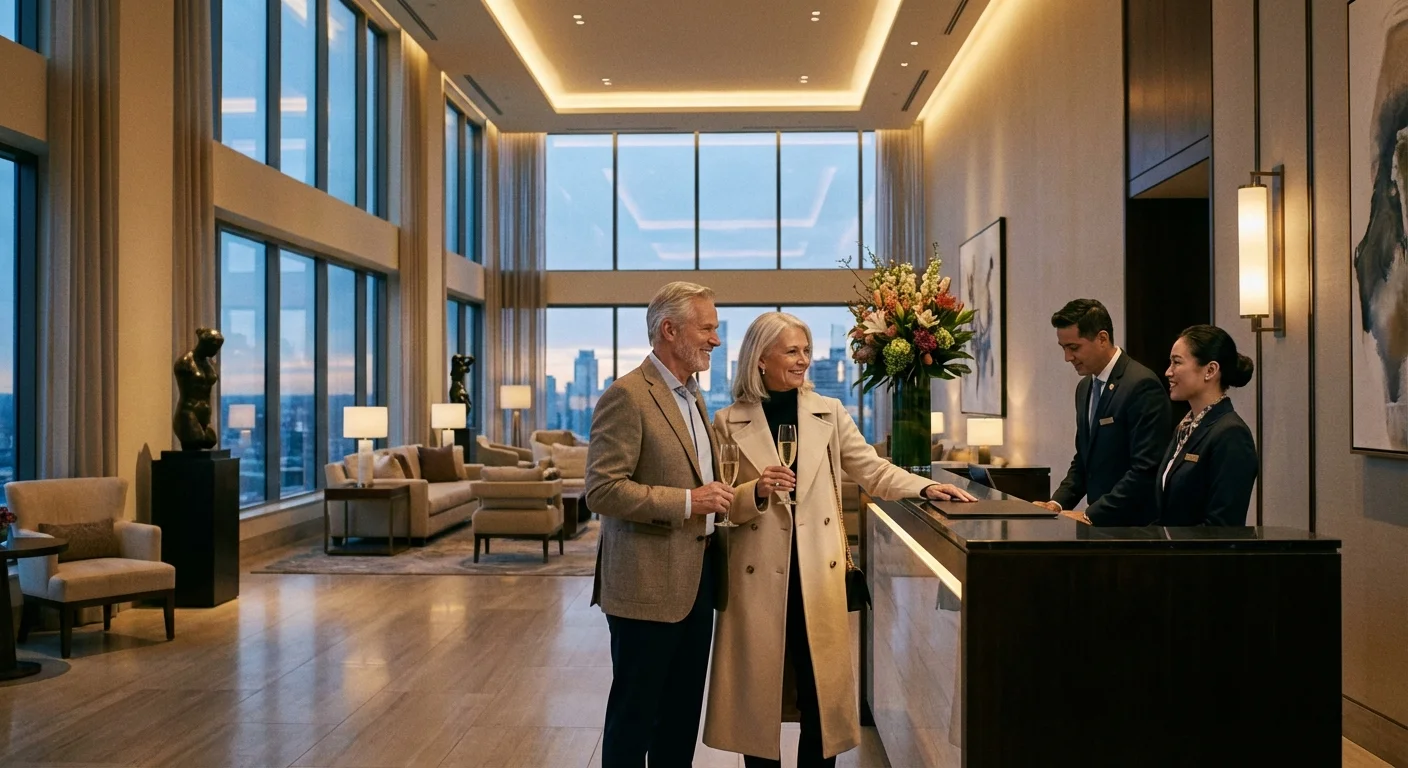 A senior couple checking into a beautiful, sunlit hotel lobby for a vacation.