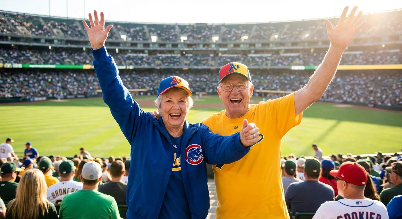A senior couple cheering and enjoying themselves at a professional sporting event.