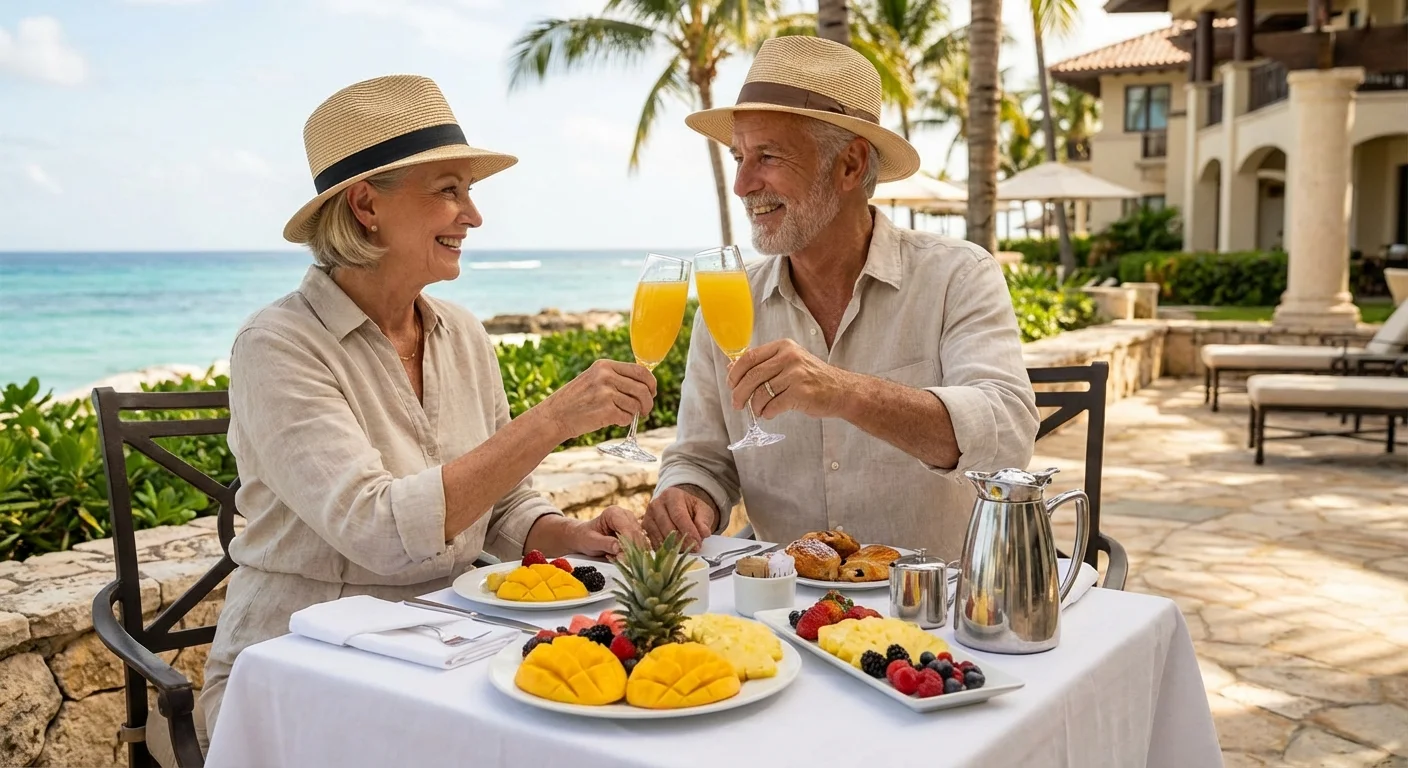 A senior couple enjoying a high-end outdoor lunch in a sunny Florida setting.