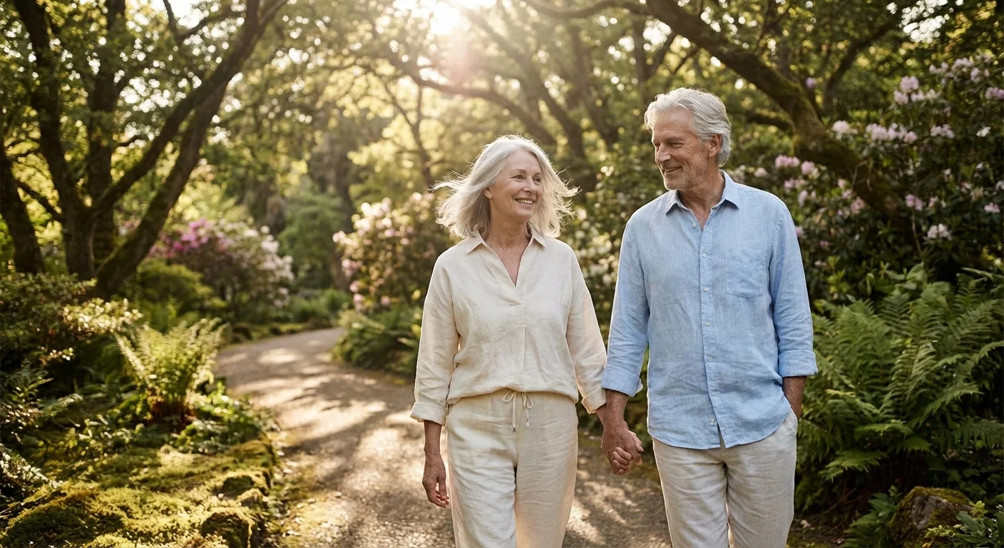 A senior couple enjoying a peaceful, relaxing walk through a sun-dappled green park.