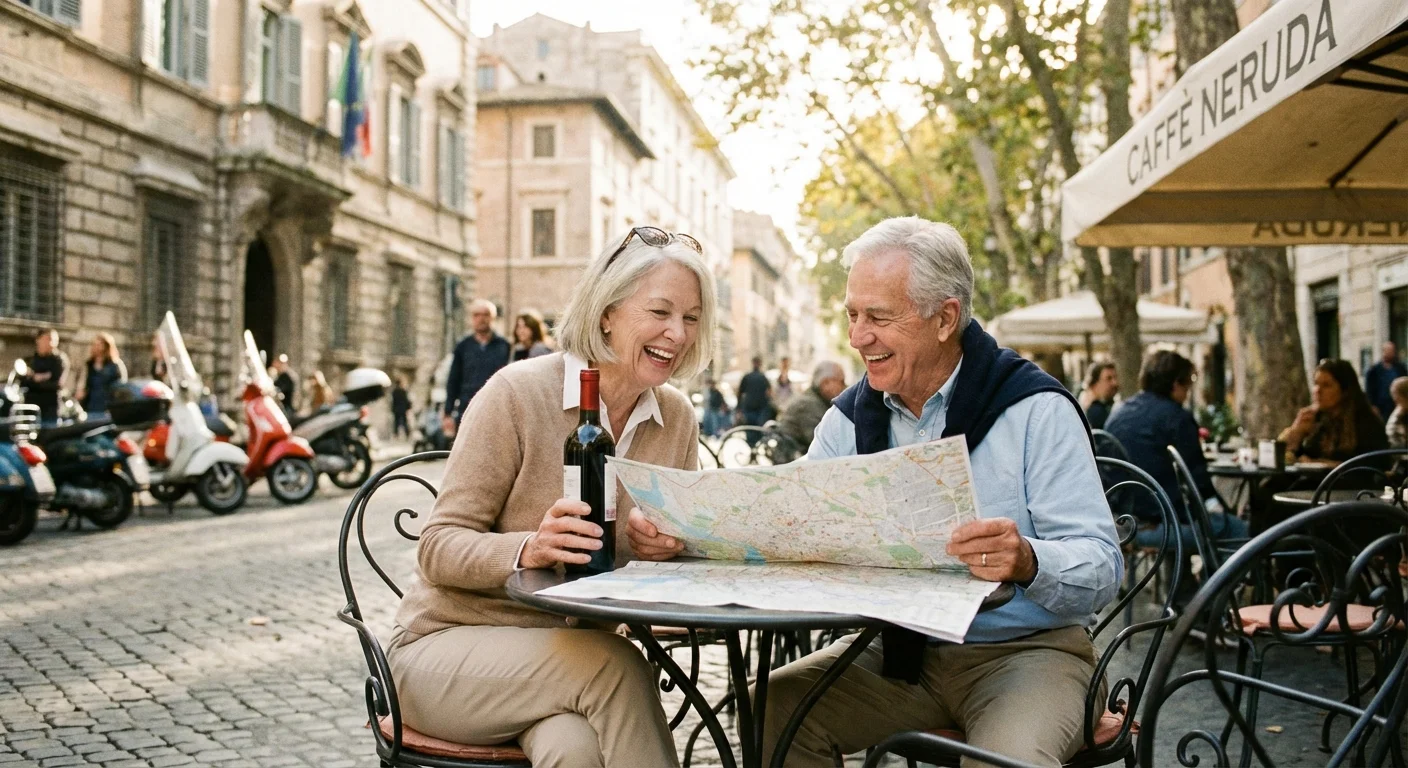 A senior couple enjoying wine at a local cafe while exploring a new city with a map.