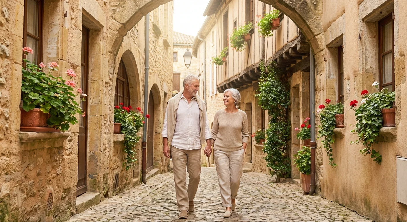 A senior couple exploring a charming medieval cobblestone street in Europe.