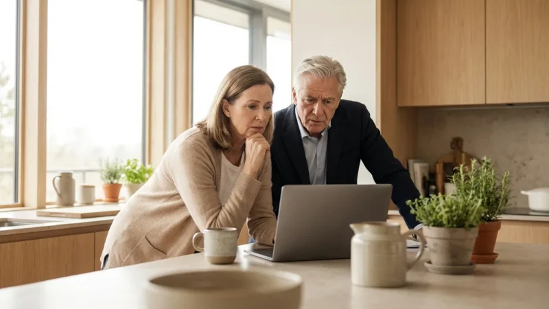 A senior couple looking concerned while reviewing financial information on a laptop in a sunlit kitchen.