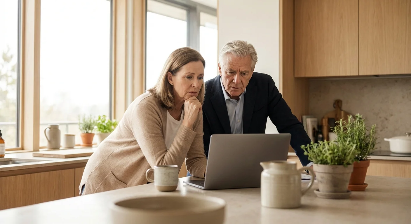 A senior couple looking concerned while reviewing financial information on a laptop in a sunlit kitchen.