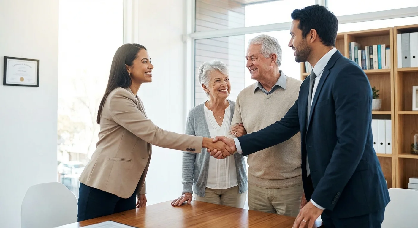 A senior couple meeting with a professional advisor in a modern office.