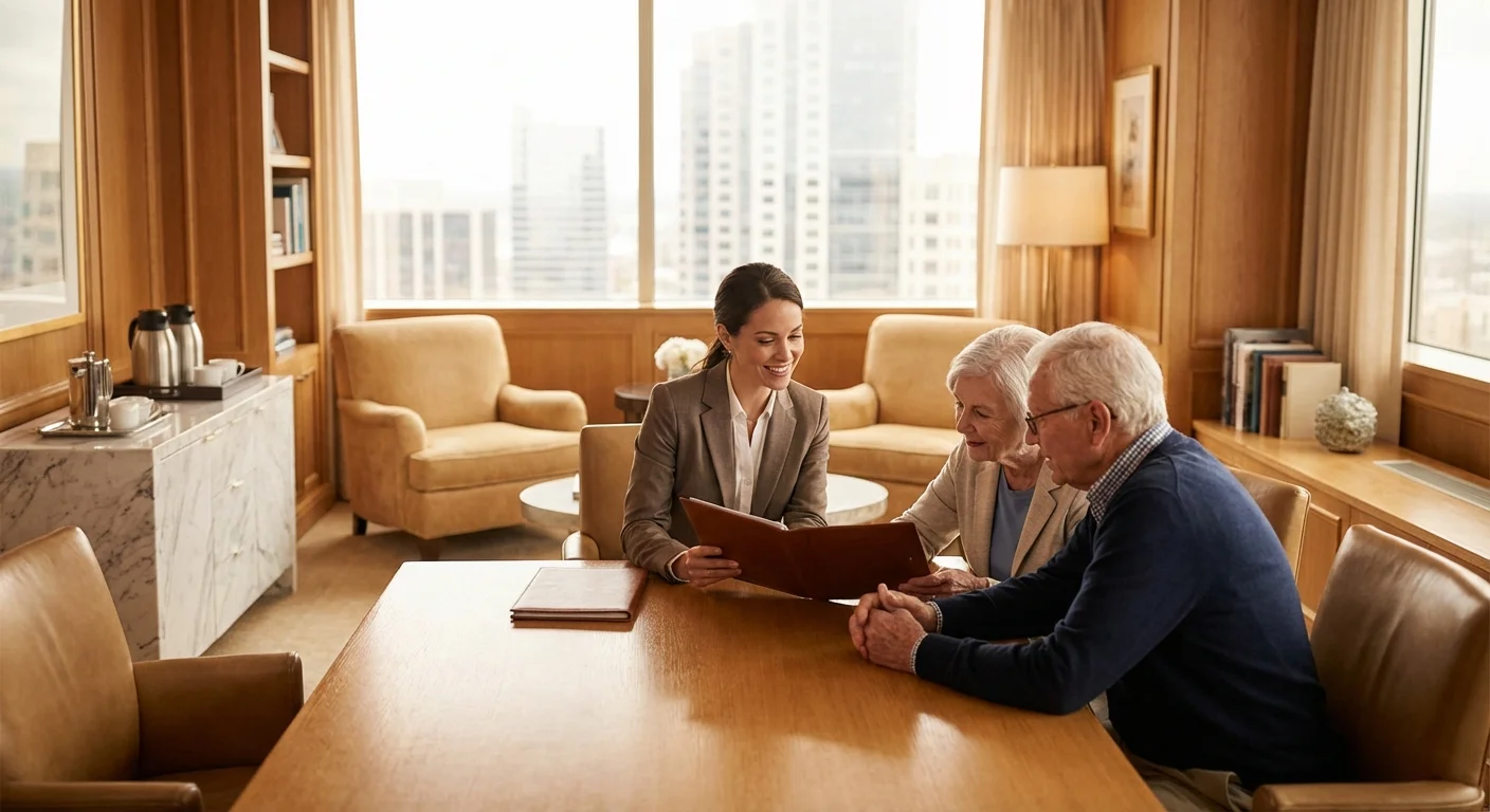 A senior couple meeting with a professional financial advisor in a bright office.