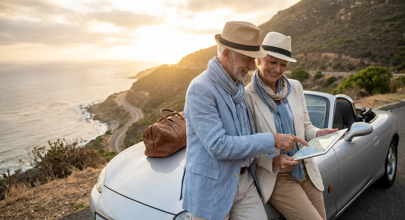 A senior couple planning a road trip next to their rental car at the coast.
